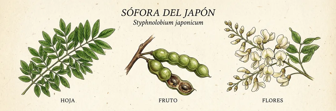 Hoja, fruto y flor de sofora del japon
