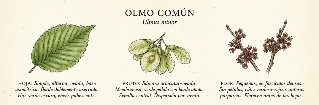 Hoja, fruto y flor de olmo comun