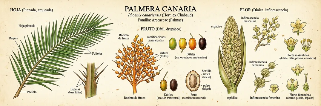 Hoja, fruto y flor de palmera canaria