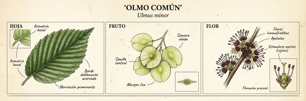 Hoja, fruto y flor de olmo comun