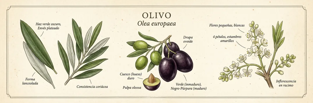 Hoja, fruto y flor de olivo