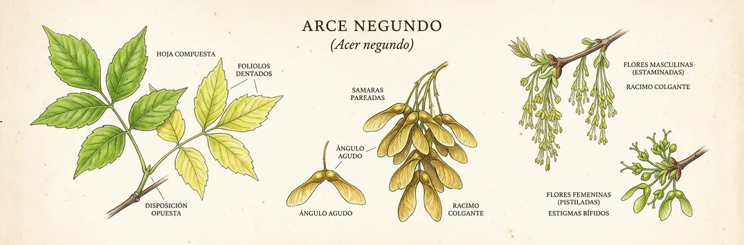 Hoja, fruto y flor de arce negundo