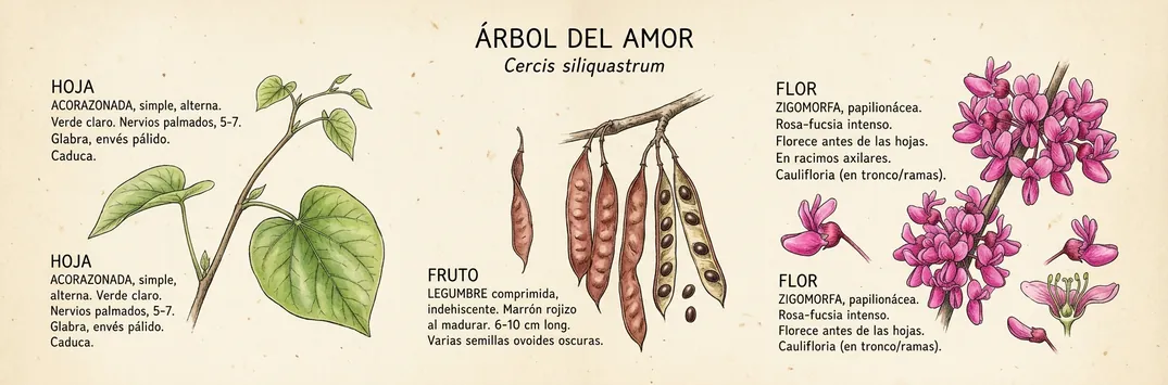 Hoja, fruto y flor de arbol del amor