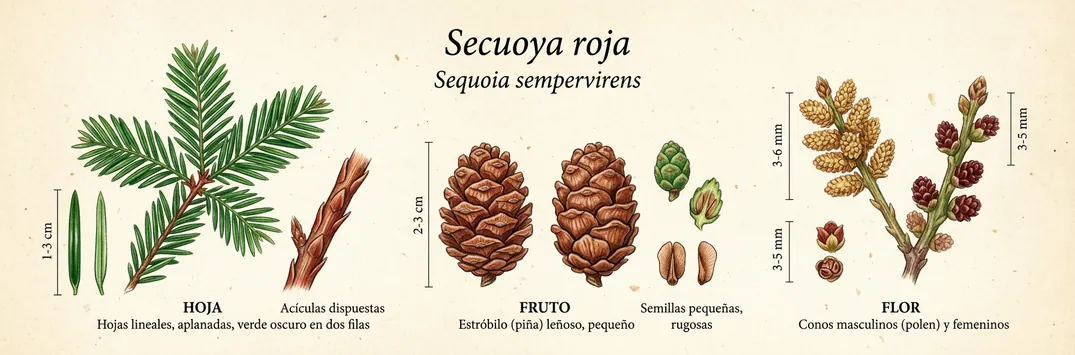 Hoja, fruto y flor de secuoya roja