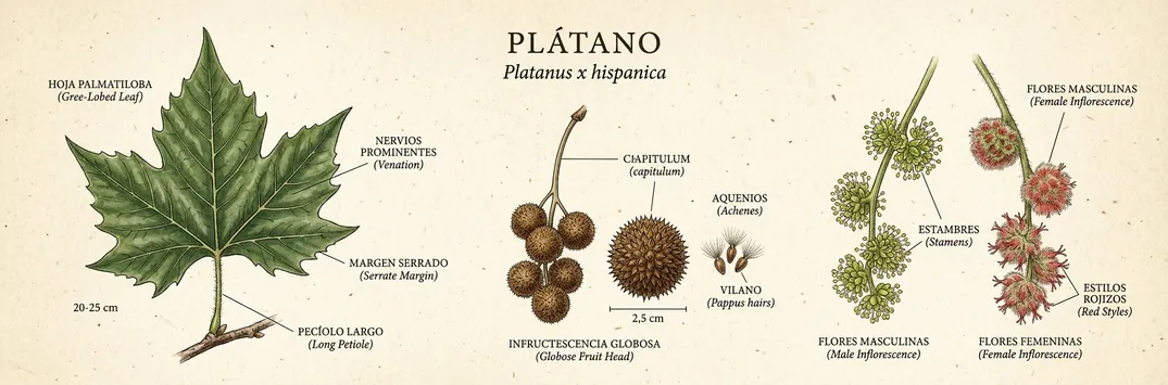 Hoja, fruto y flor de platano