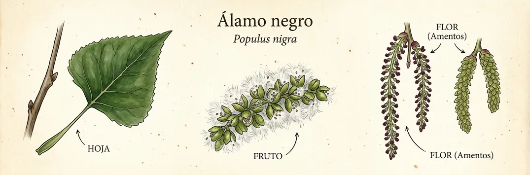 Hoja, fruto y flor de alamo negro