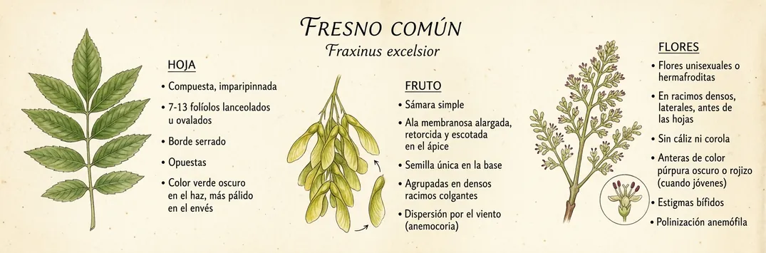 Hoja, fruto y flor de fresno comun