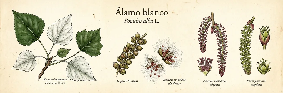 Hoja, fruto y flor de alamo blanco