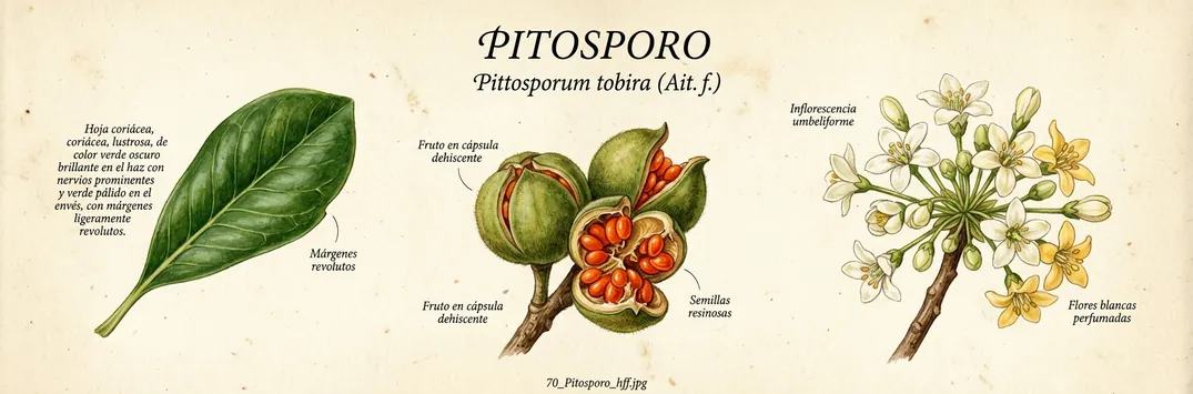 Hoja, fruto y flor de pitosporo