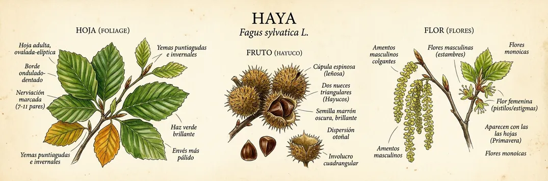 Hoja, fruto y flor de haya