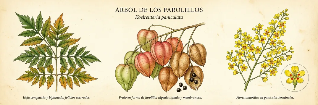 Hoja, fruto y flor de arbol de los farolillos