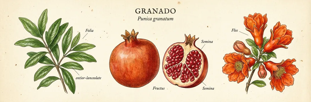 Hoja, fruto y flor de granado