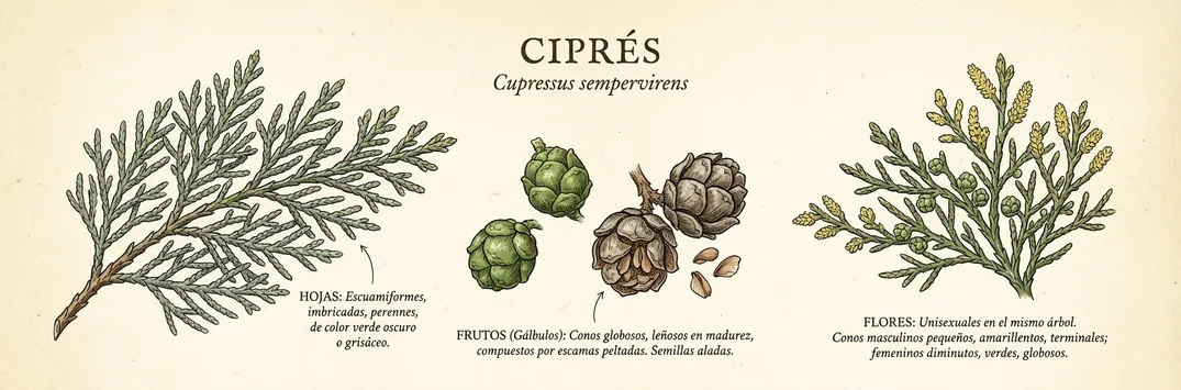 Hoja, fruto y flor de cipres
