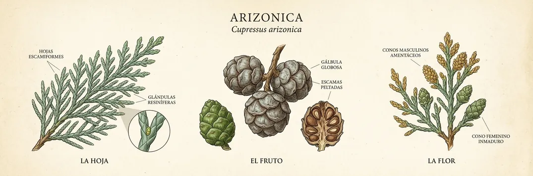 Hoja, fruto y flor de arizonica