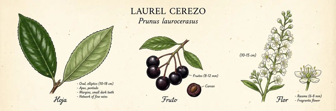 Hoja, fruto y flor de laurel cerezo