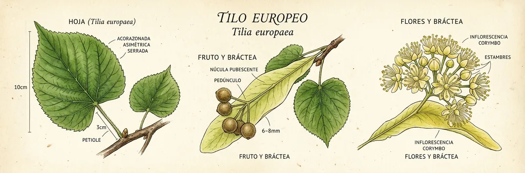 Hoja, fruto y flor de tilo europeo