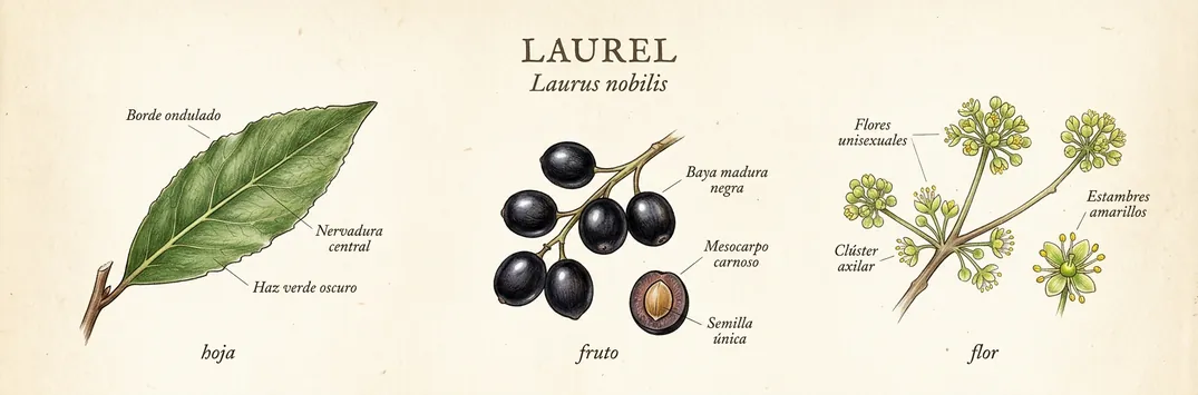 Hoja, fruto y flor de laurel