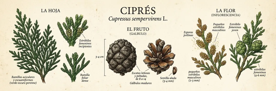 Hoja, fruto y flor de cipres