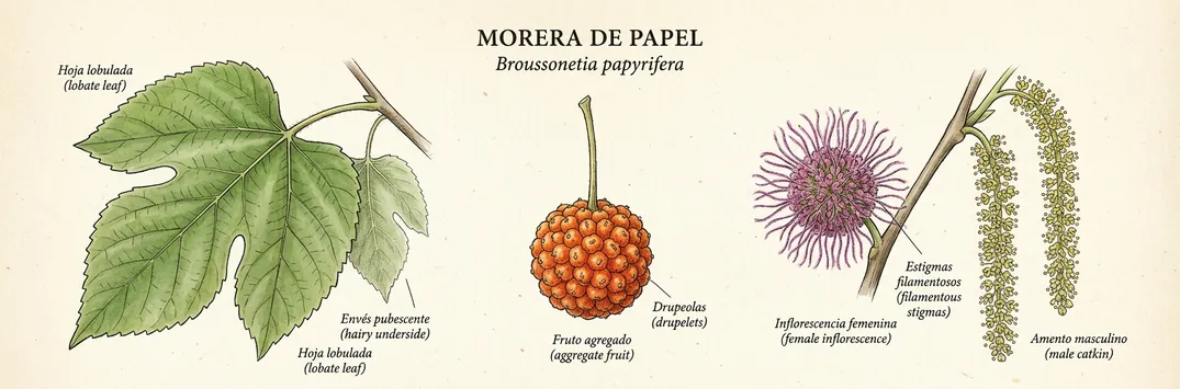 Hoja, fruto y flor de morera de papel