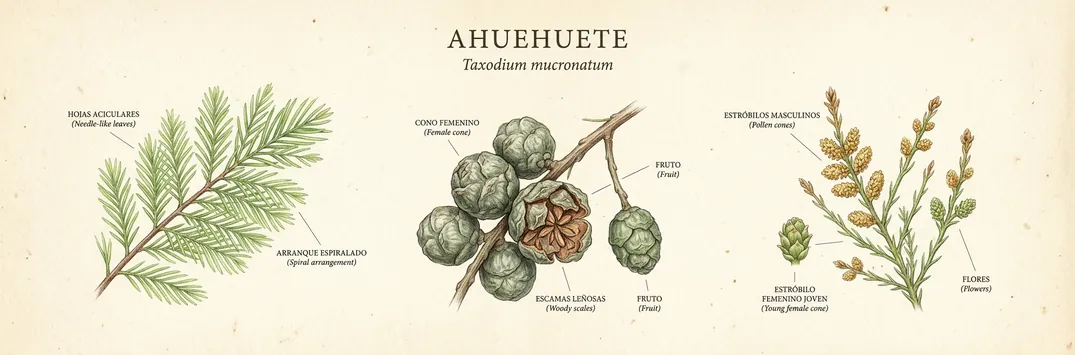 Hoja, fruto y flor de ahuehuete