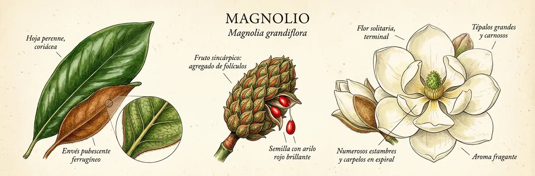 Hoja, fruto y flor de magnolio